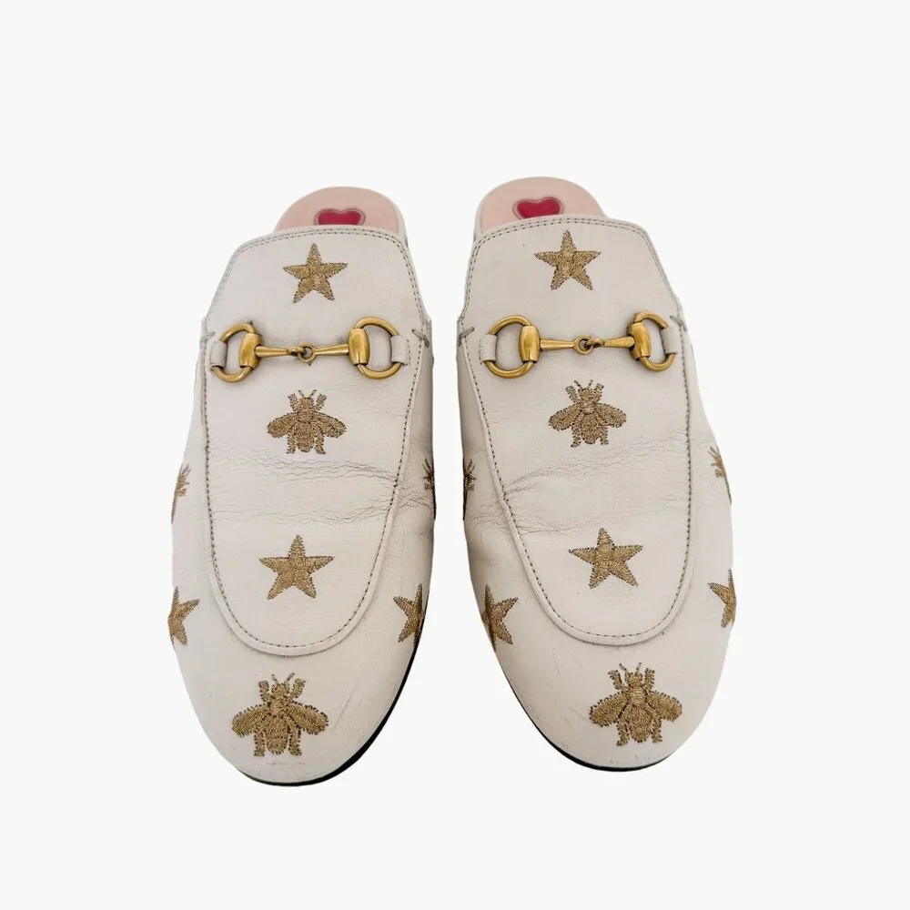 Gucci Princetown Horsebit Loafer Mule EU 37 US 7 White Bee Star Embroidered
